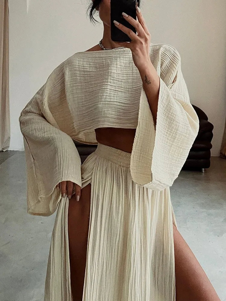 Casual Holiday Style Simple Solid Color Skirt Set Linen Blended Short Top High Waist Chic Split Cotton Linen Two-piece Set