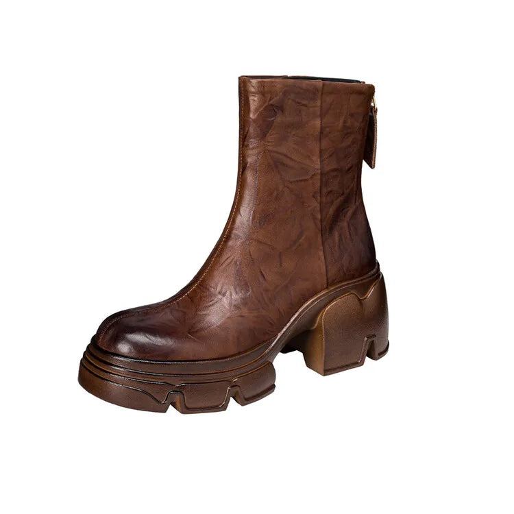 NEW Autumn Women Boots Genuine Leather Shoes for Women Round Toe Chunky Heel Shoes Concise Zip Platform Boots Soft Daily Shoes