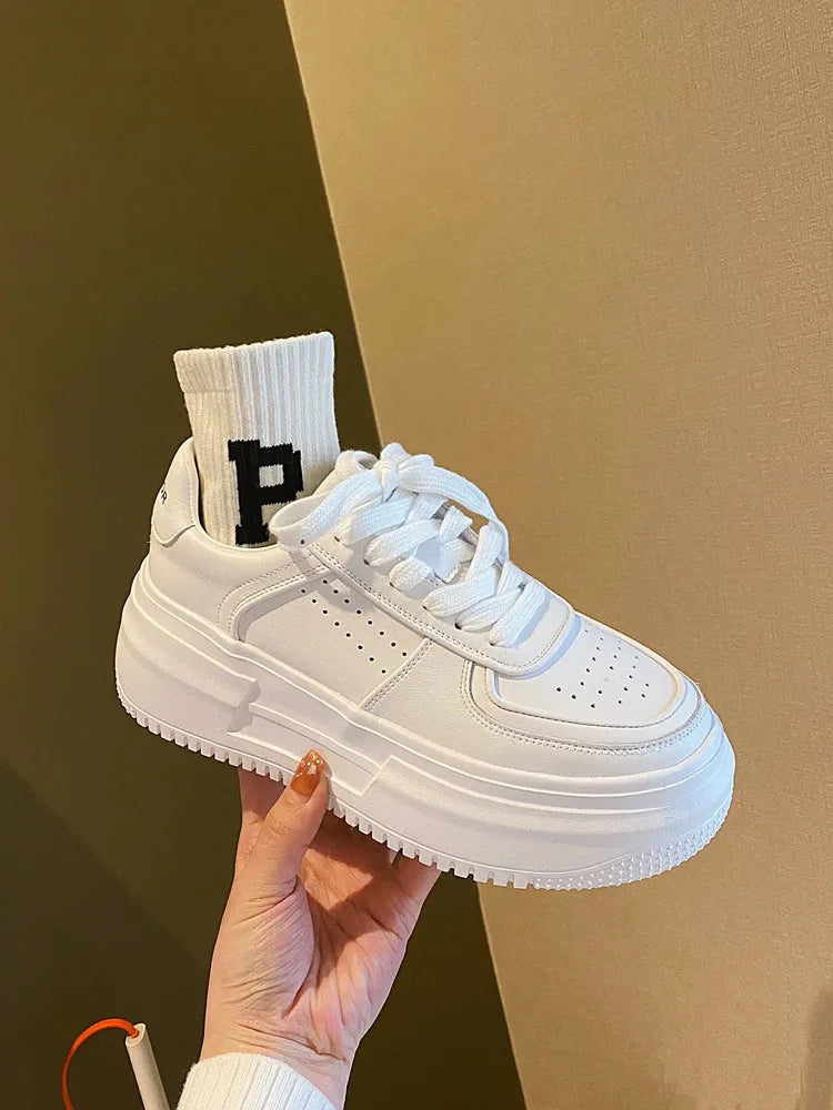 2024 New White U Leather Women's Casual Woman Vulcanize Sneakers Breathable Sport Walking Platform Flats Running Shoes
