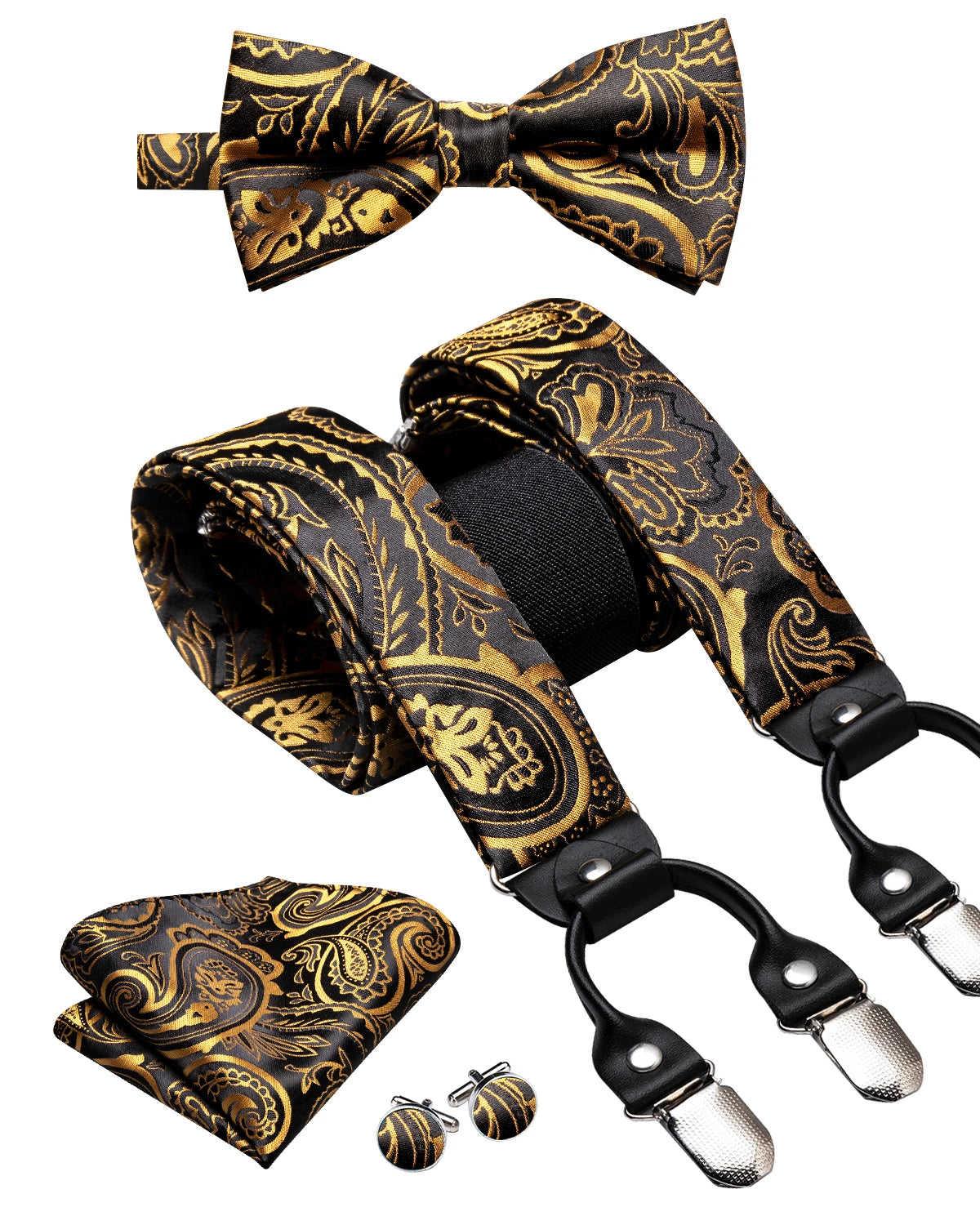Hi-Tie Silk Adult Men's suspenders Set Leather Metal 6 Clips Braces Gold Brown Floral Vintage Men Fashion Wedding Suspenders Men BAZAARHUBO