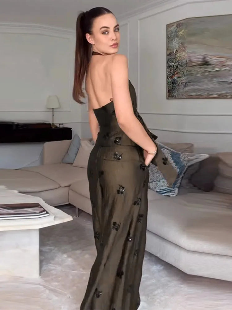 Sequin Two-Piece Set Women's Floral Set Halter Neck Wrap Top Wide-Leg Pants Trousers Party Co-Ord Vacation Wear Woman Clothes