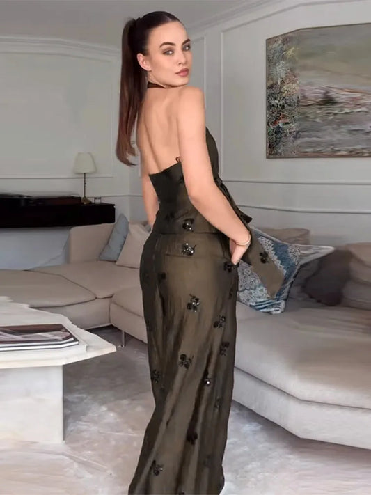 Sequin Two-Piece Set Women's Floral Set Halter Neck Wrap Top Wide-Leg Pants Trousers Party Co-Ord Vacation Wear Woman Clothes