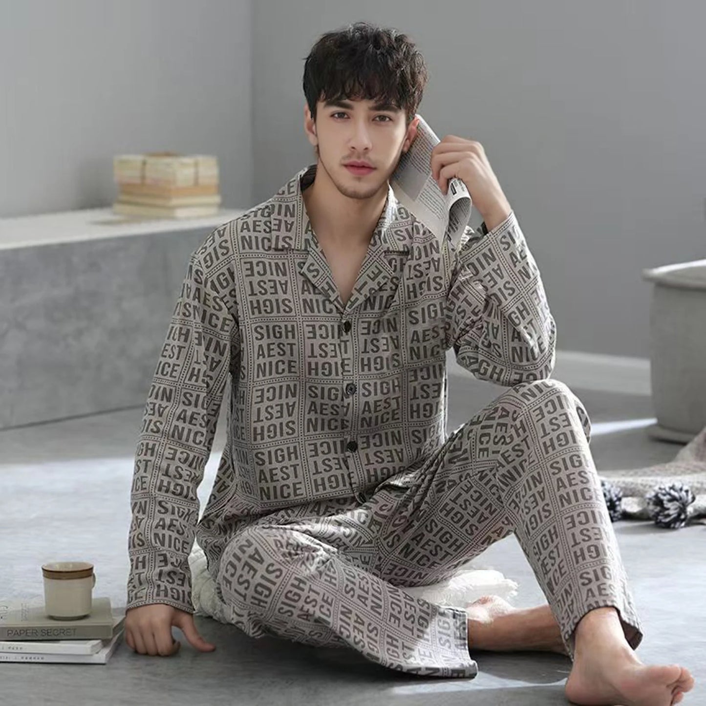 Pajamas for Men Spring and Autumn Long-Sleeved Young Men's Simple Casual Lapel Autumn and Winter Home Wear Set