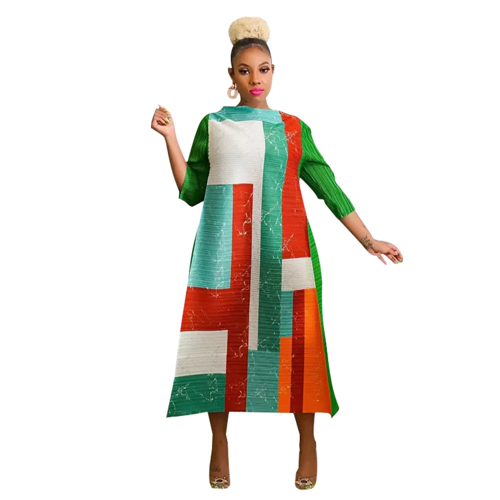 African Dresses for Women Summer Fashion Style African 3/4 Sleeve Polyester O-neck Pleated Dress Dashiki African Clothes Women