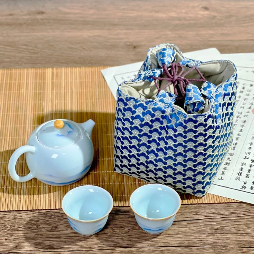 Chinese Style Tea Set Organizer Bag Embroidered Breakage-proof Teacup Drawstring Cloth Pouch Tea Ceremony Accessories
