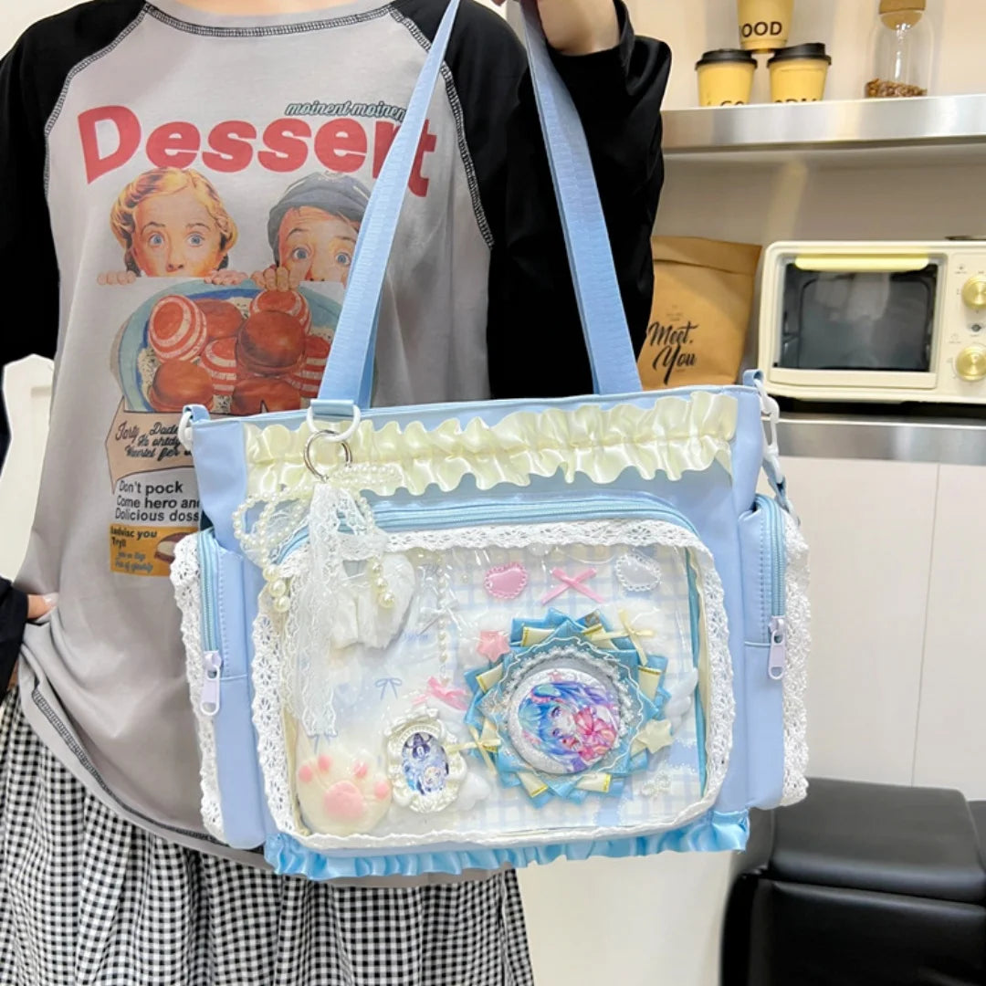 Sweet Lolita Single Shoulder Crossbody Bag Transparent Window Lace Ruffles Anime Badge Display Bag for Women