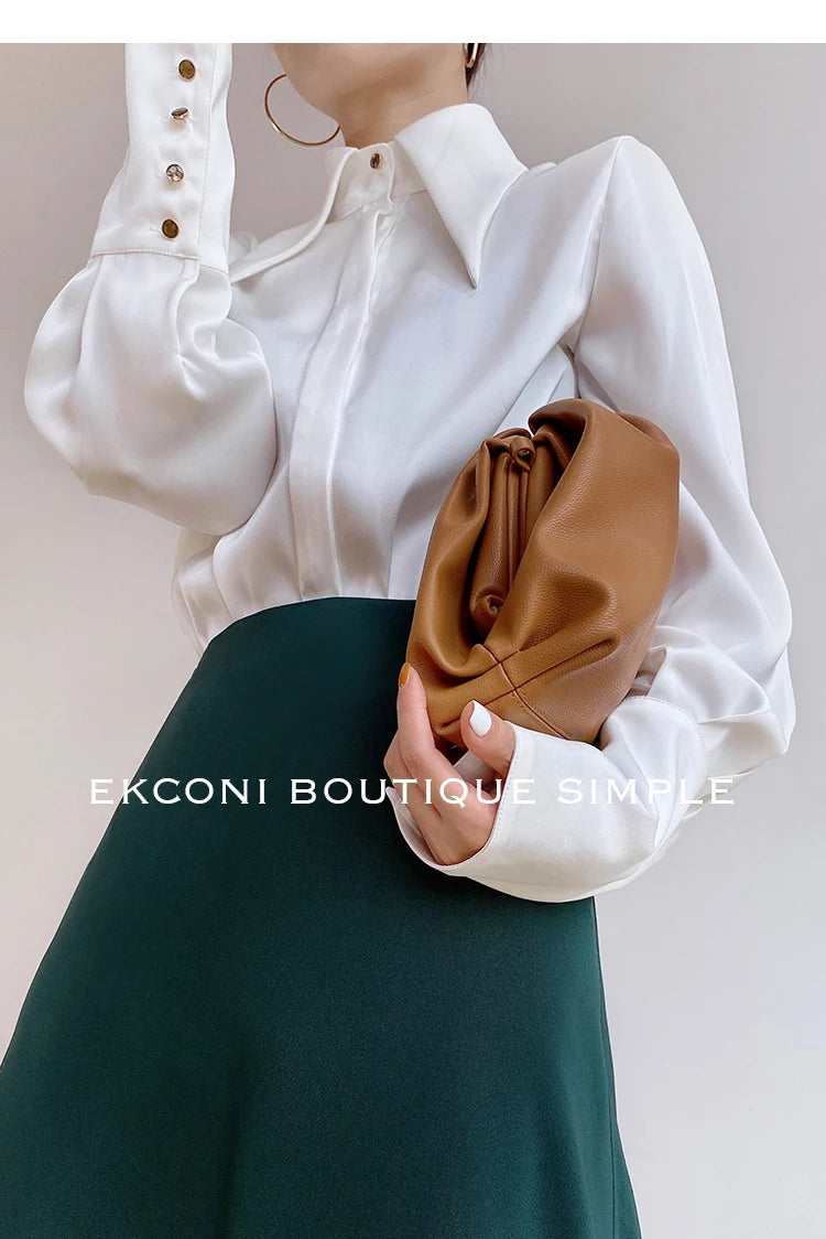 Stylish Elegant Turn Down Collar White Long Sleeve Satin Shirts Fashion Woman Vintage Blouse 2024 Office Lady Tops Blusas 16946