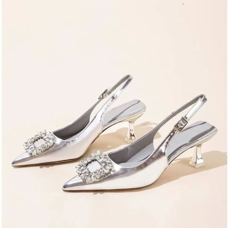 Baotou Fine Heel Patent Leather Sandals Women's Summer Pointed Toe Shallow Mouth Rhinestone Buckle Non-slip High Heels