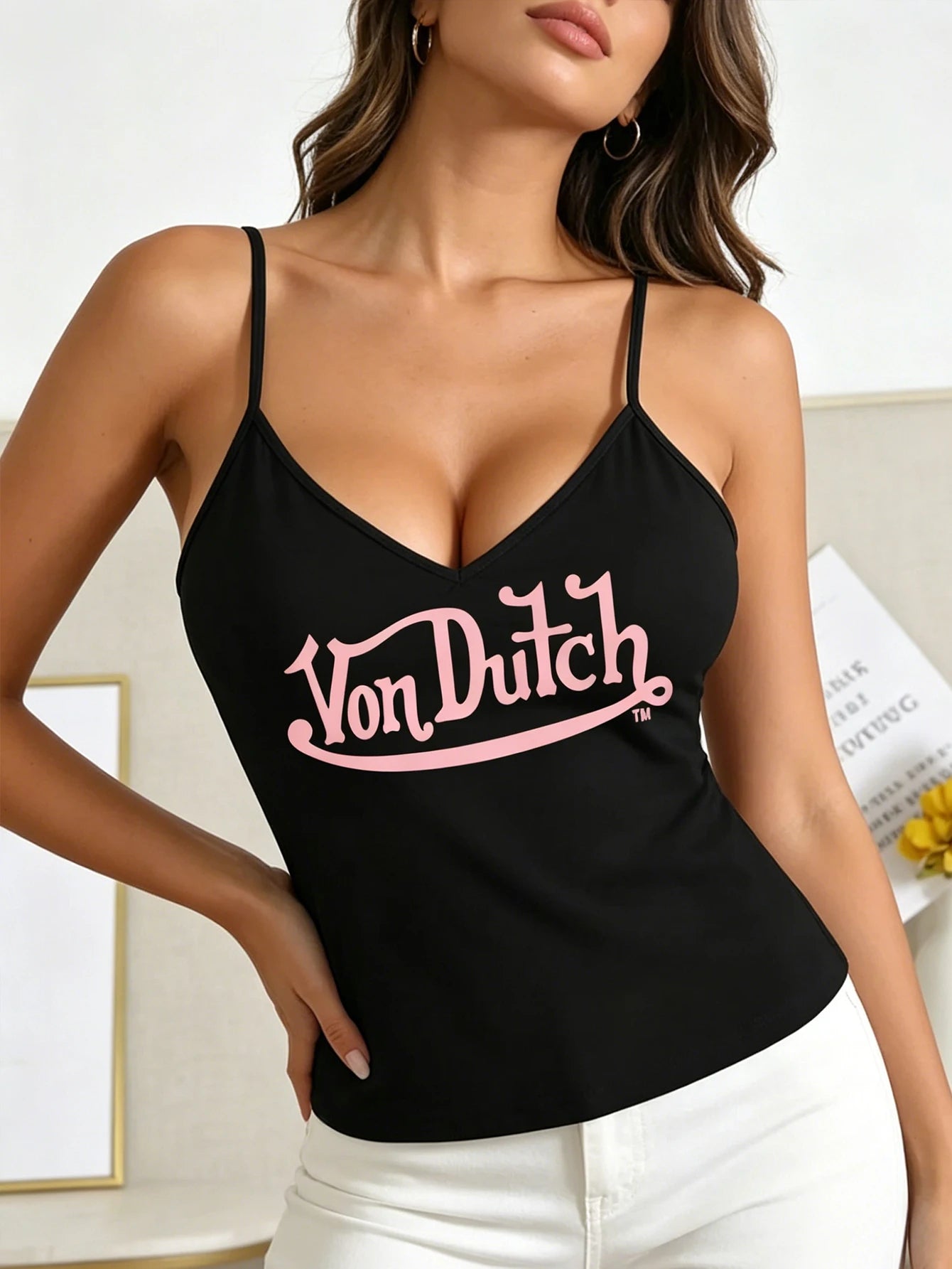 Women's Y2K vintage sweet-cool pink logo print black V-neck strapless halter top