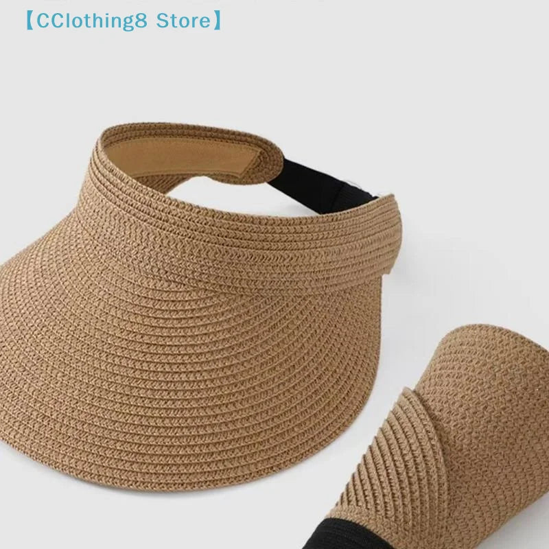 UPF50+ Wide Brim Visor Hat For Women Straw Beach Sun Visor Foldable Ponytail With UV Protection Straw Hat Beach Hats【AliS8】 BAZAARHUBO