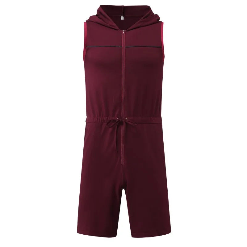 Men Short Jumpsuit Tight Sleeveless Bodysuit Zipper Hooded Rompers Short Pants Casual Home Wear Tracksuit Pajamas