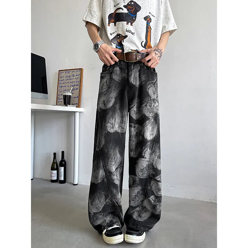 Straight Loose Fit Printed Streetwear Jeans Unisex Urban Fashion Trendy Casual Denim Pants mens Hip Hop Oversized Comfort 2023