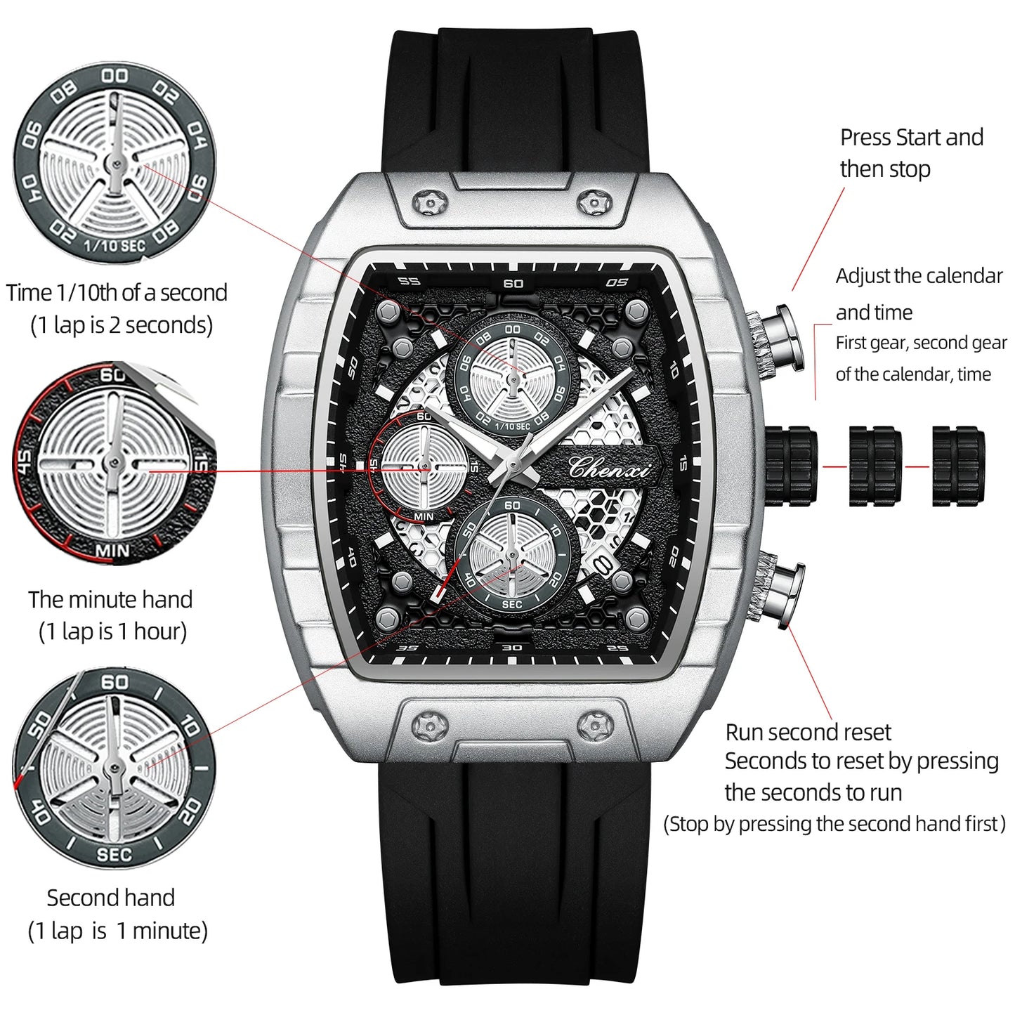 CHENXI 941 Sport Multifunction Military Men Silicone Quartz Wristwatch Male Luminous Waterproof Clock Watches Relogio Masculino