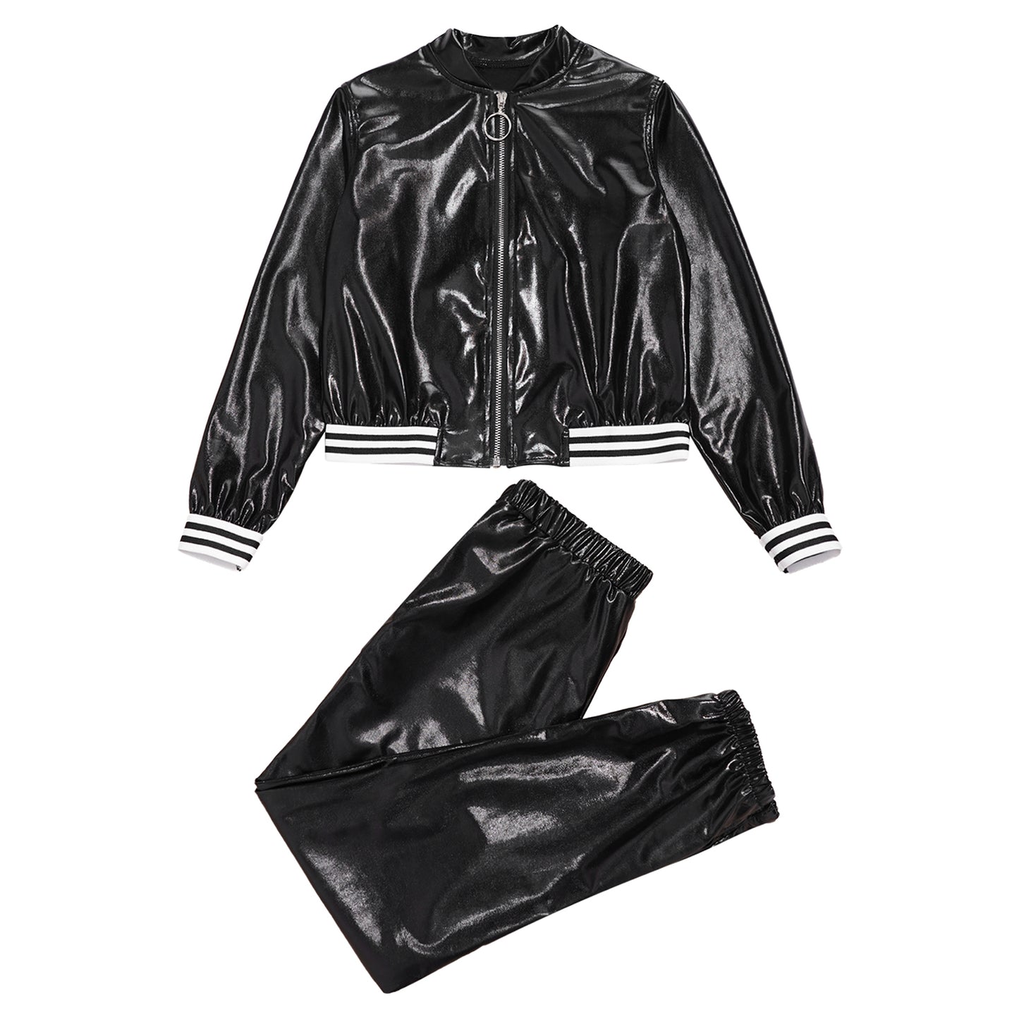 Kids Girls Sports Outfits Jazz Hip Hop Street Dance Costume Shiny Metallic Long Sleeves Bomber Jacket Coat with Pants Streetwear