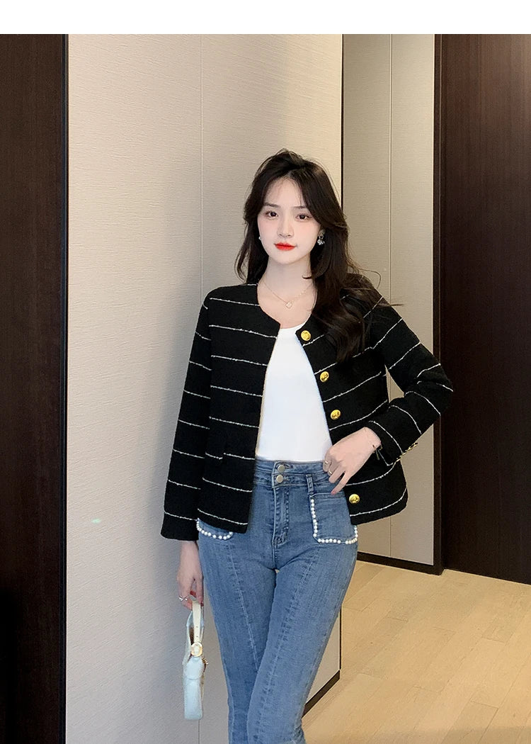 Korean Fashion Casual Small Fragrance Tweed Jacket Coat Women Fall Winter Fried Street Striped Coat Casaco Woolen Outwear Top