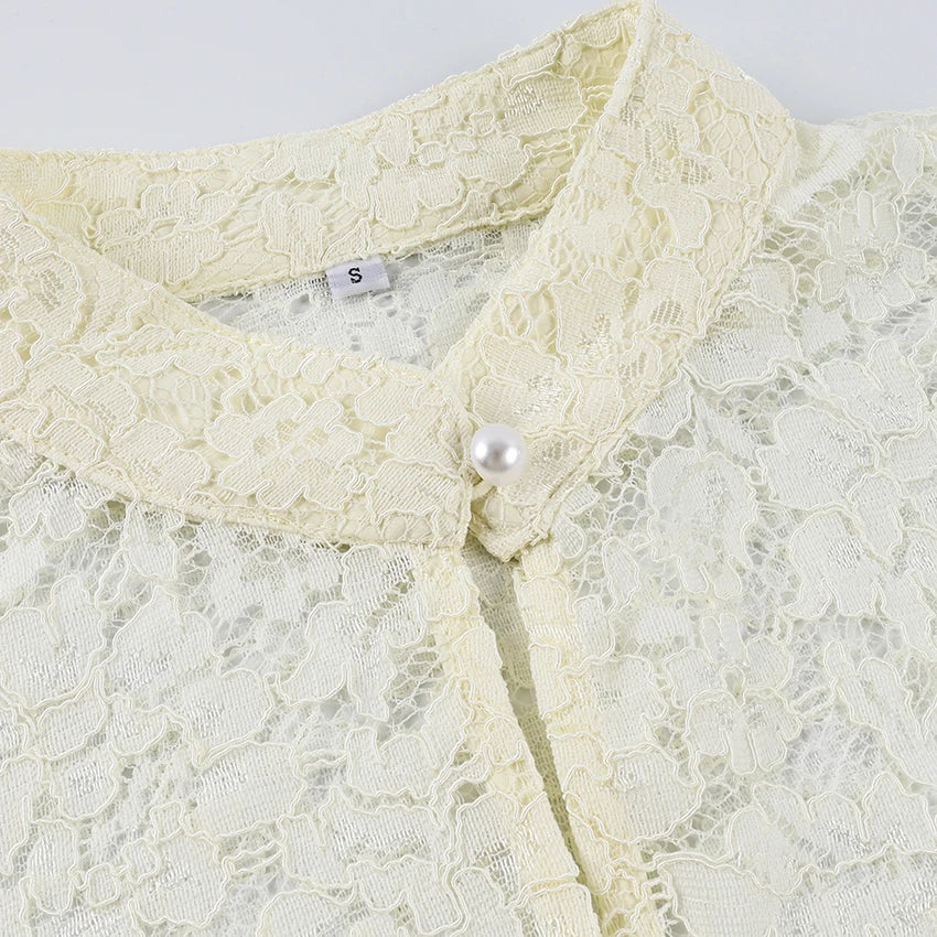 Linad Elegant Sheer White Embroidery Blouses Women Autumn Street Chic Lace Stand Collar Shirt And Blouse 2025 Casual Tops Female