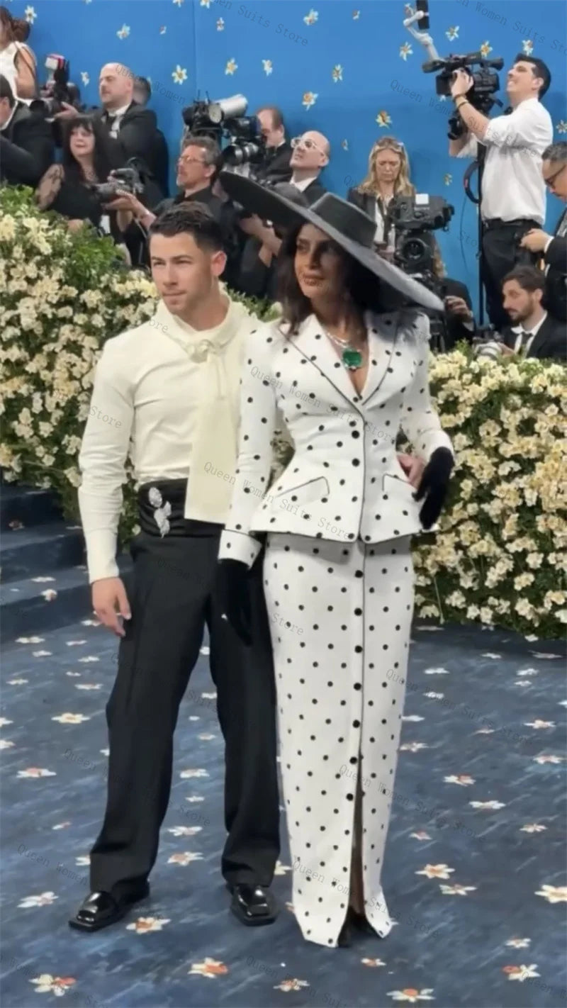 White Women Suit Skirt Set 2 Piece Blazer+Long Prom Dress Black Dot Formal Office Lady Jacket Wedding Bride Coat Customized