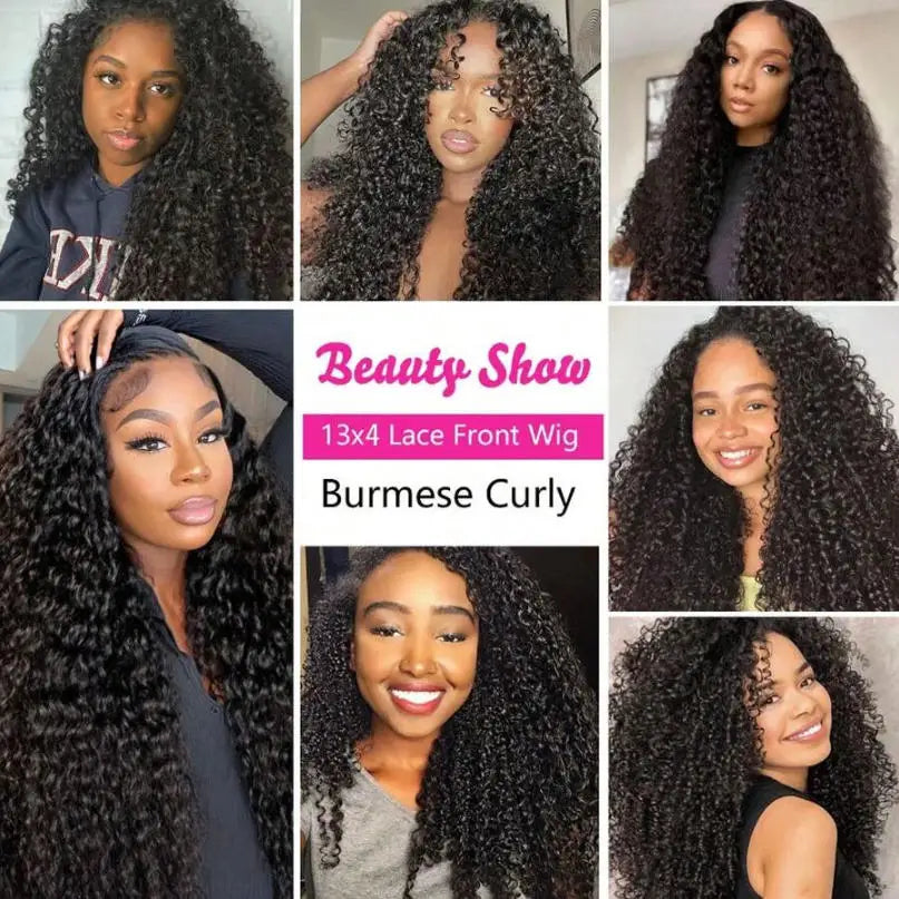 Burmese Curly Human Hair Wig 13x4 HD Transparent Lace Frontal Wigs Pre Plucked 250% Density Burmese Human Hair Wigs 28 Inch