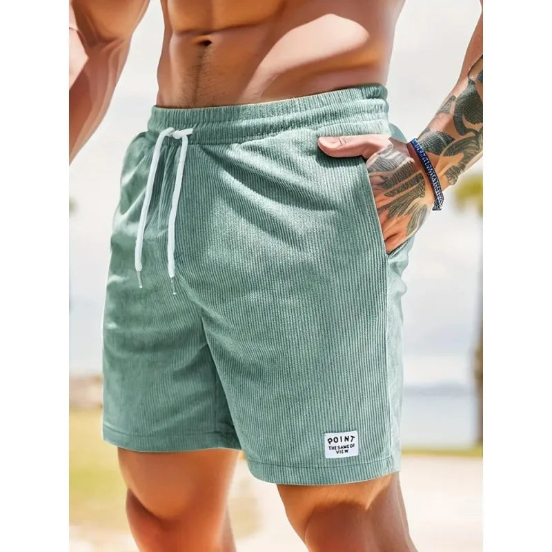 Men's Workwear Shorts Summer Casual Corduroy Loose Elastic Waist Multi-Pocket Leisure Pants Embroidery Retro Style Male Trousers