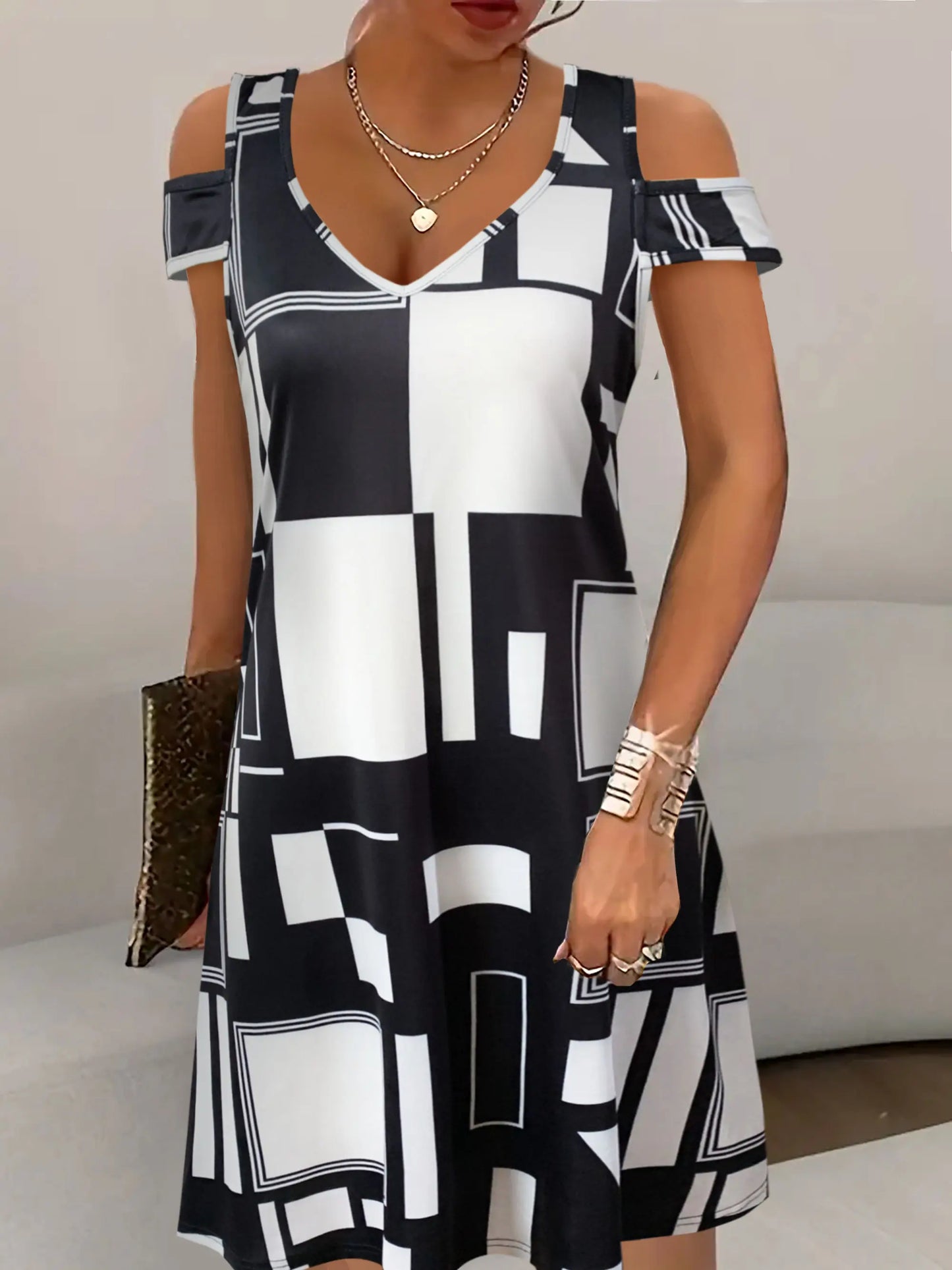 Summer Geometric Pattern Off-shoulder V-Neck Dress For Women,Casual Summer Sundress, Flowy Everyday Mini Dress