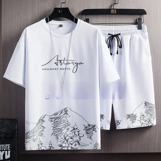 Casual Loose Ice Silk Sportswear Set for Men Summer Trendy Brand Two Pieces Full Set Comfortable Breathable Short Sleeve T-...