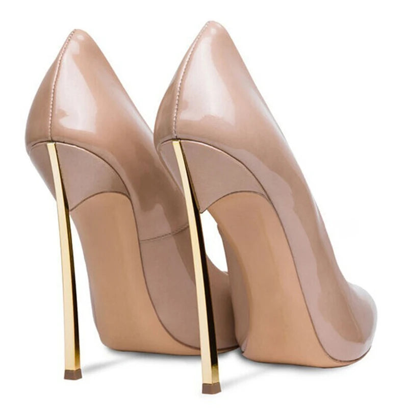 Spring and Autumn New Pointed Shallow Leather Single Shoes Metal Fine High Heel Banquet Dress Customized Large Size Women's Shoe