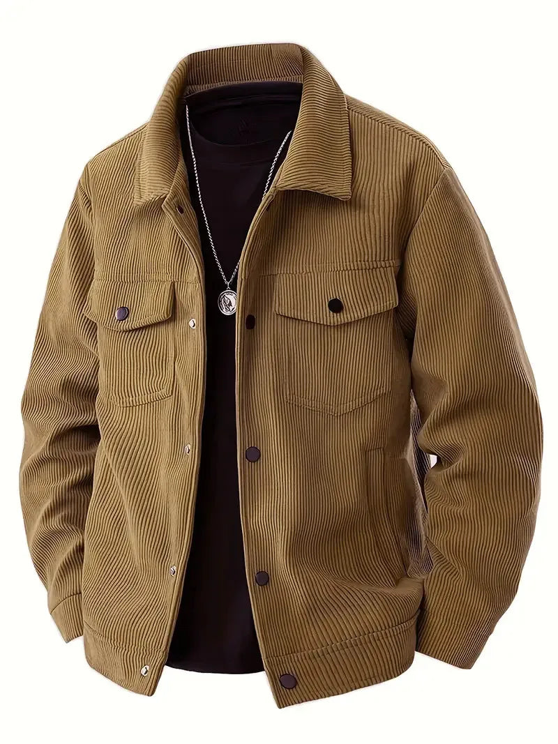 Men's Corduroy Trucker Jacket Casual Button Down Long Sleeve Lapel Collar Pocketed Coat for Daily Wear Streetwear Outfits