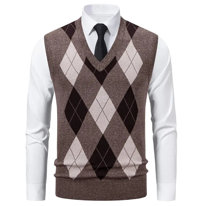 Mens Business Casual Knit Vest Classic Argyle Light Weight Knitwear Suit Vest Versatile Sleeveless Pullover Vests