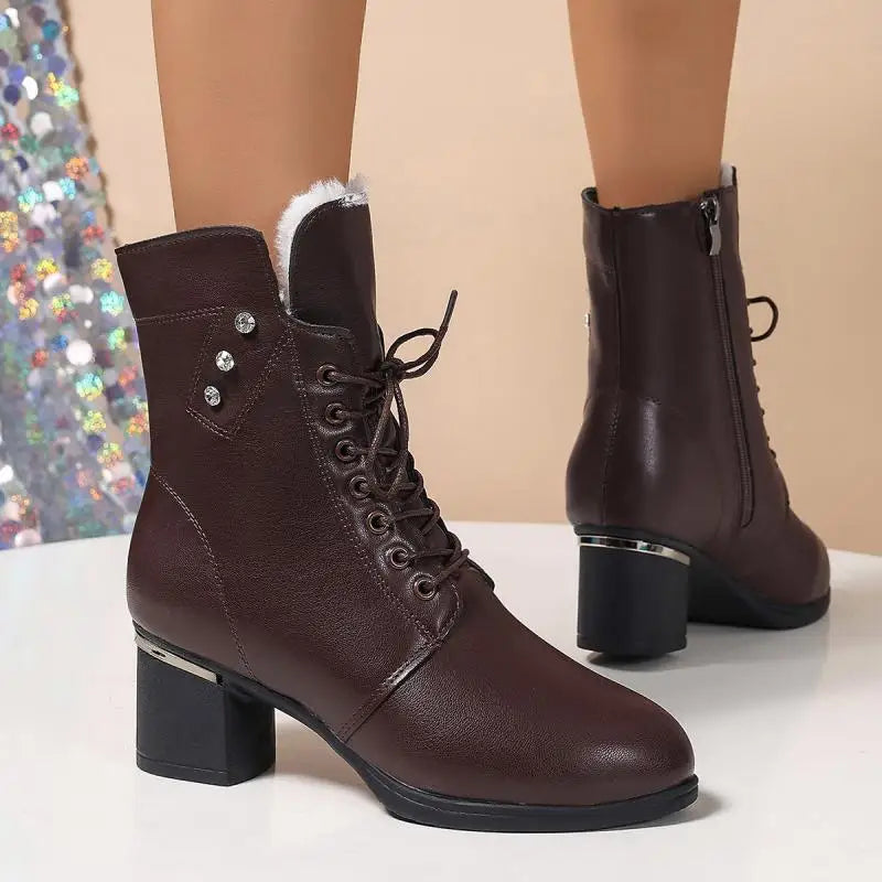 Winter 2024 Women's High Heels Long Plush Warm Ankle Boots Plus Size 42 Thick Square Heeled Motorcycle Boots Woman Shoes Short