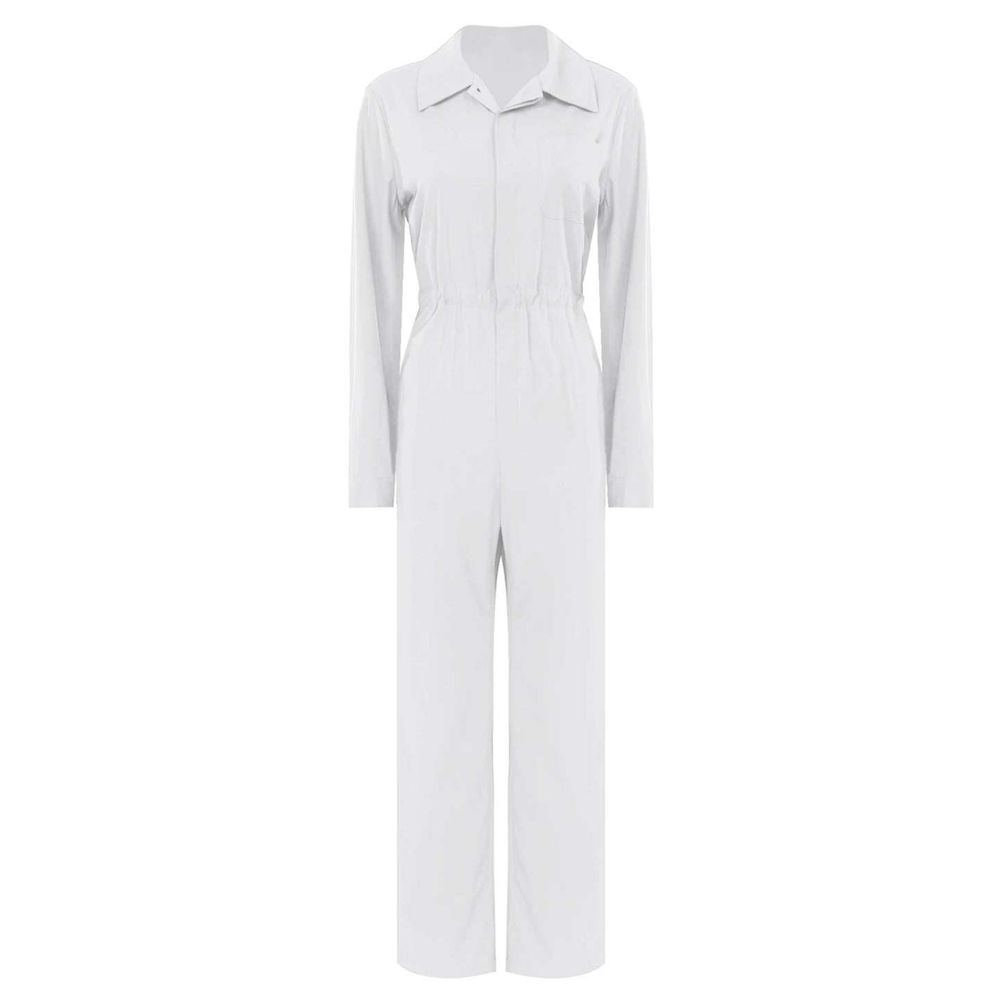 Womens Coverall Solid Color Turn-Down Collar Long Sleeve Button Jumpsuit Mechanic Work Overalls Fashion Casual Cargo Rompers