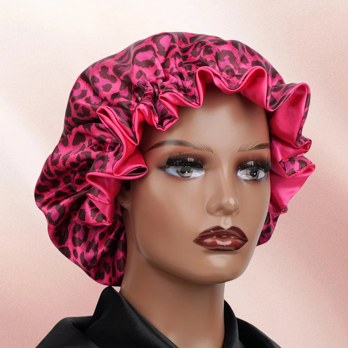 4Pcs Double Layer Satin Hair Bonnet Printed Leopard Splicing Design for Curly And Straight Hair Sleeping Cap BAZAARHUBO