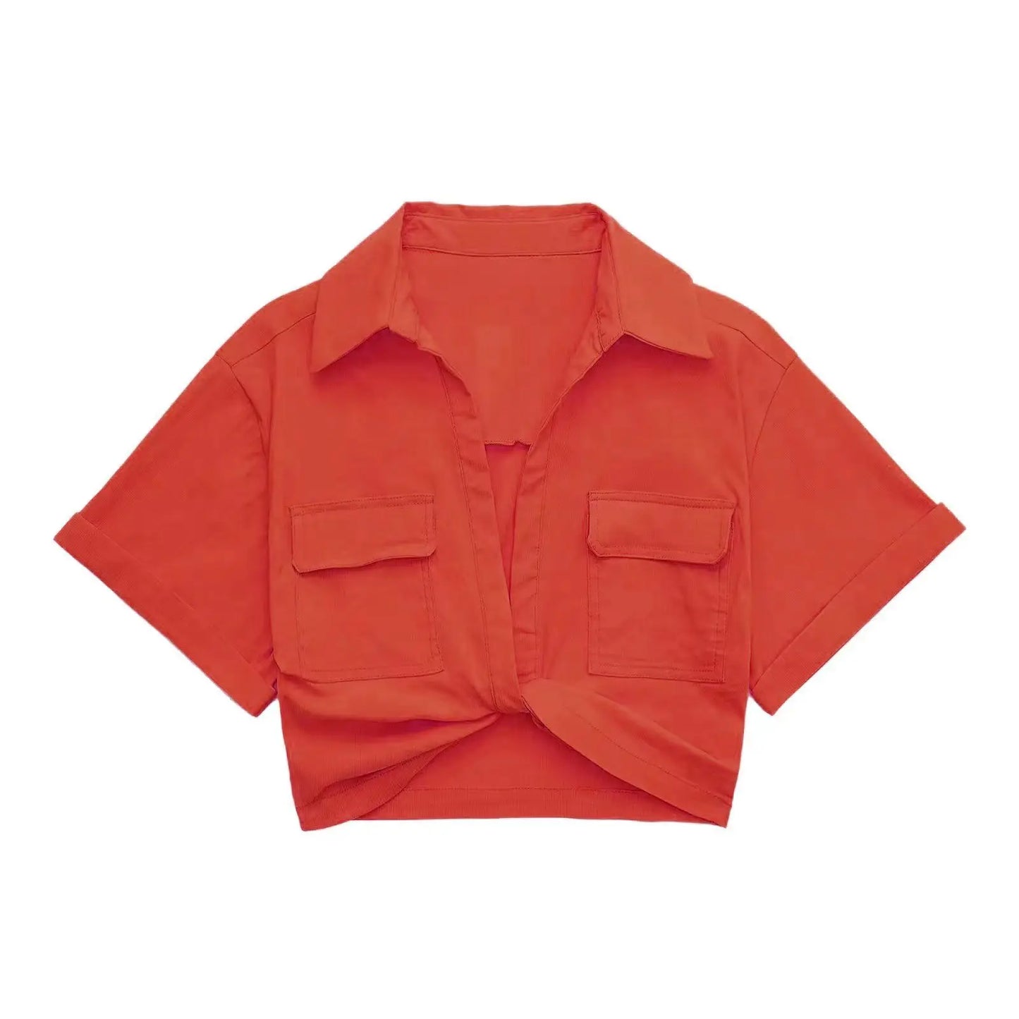 Women Fashion Front Knot Elastic Linen Cropped Shirts Vintage Short Sleeve Patch Pockets Female Blouses Blusa Chic Tops