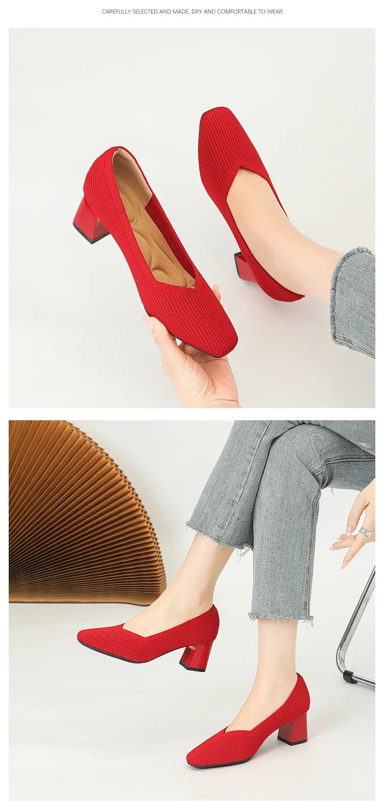 Shoes Woman High Heels Comfortable Square Knitted Breathable Comfortable Women's Flats Shoes (5cm High) 2025 New Collection