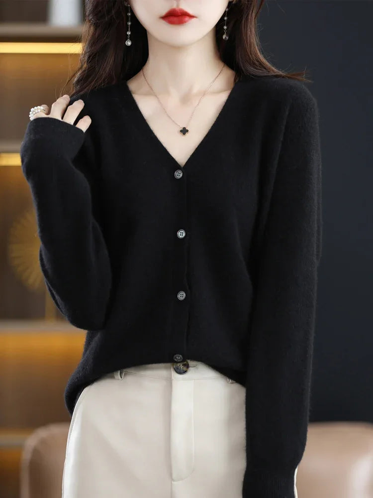 Women Cardigans V-neck Long Sleeve Knitted Outerwear Solid Thin Spring Autumn Sweaters Knitwears Korean Fashion Red Cardigans