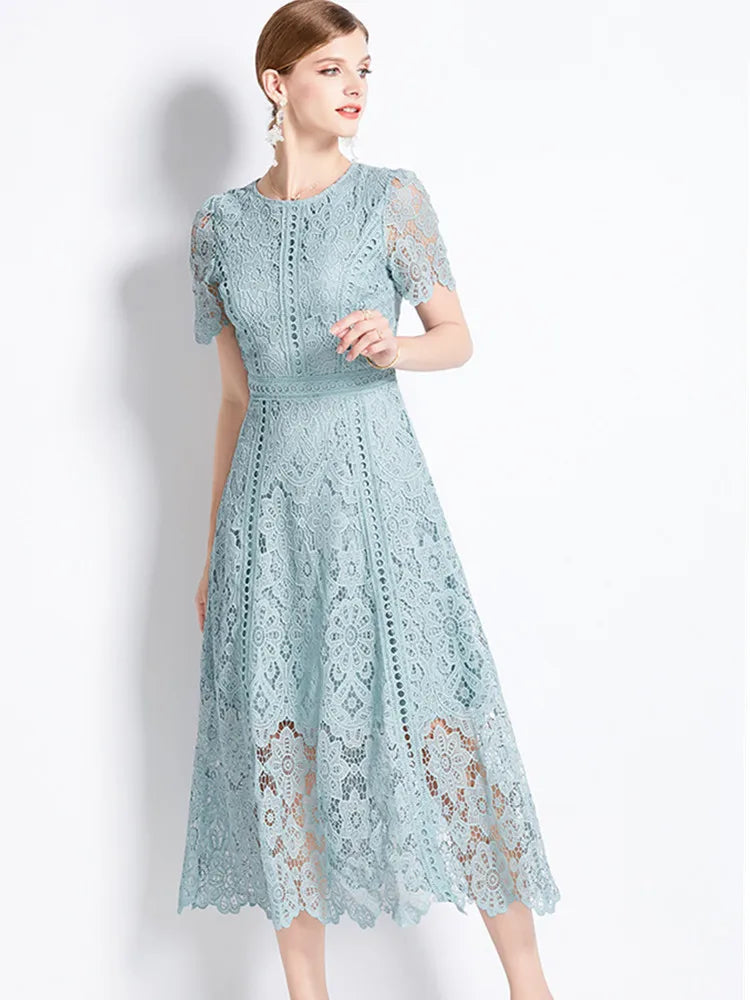 SMTHMA Vintage High-End O-Neck Short Sleeve Lace Hollow Out Dress For Women's Summer Slim Elegant Long Dress Female Clothing
