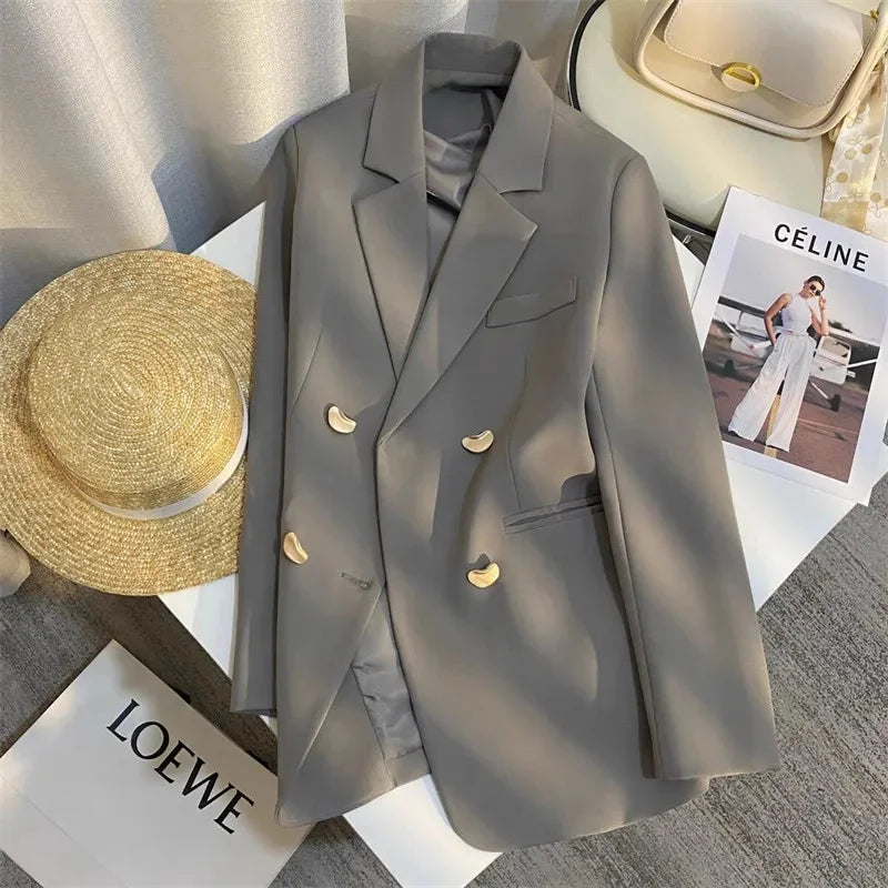 Vintage Double-breasted Blazers Jacket Women Elegant Temperament Metal Buttons Blazer Coat Ladies Long Sleeve Black Outerwear