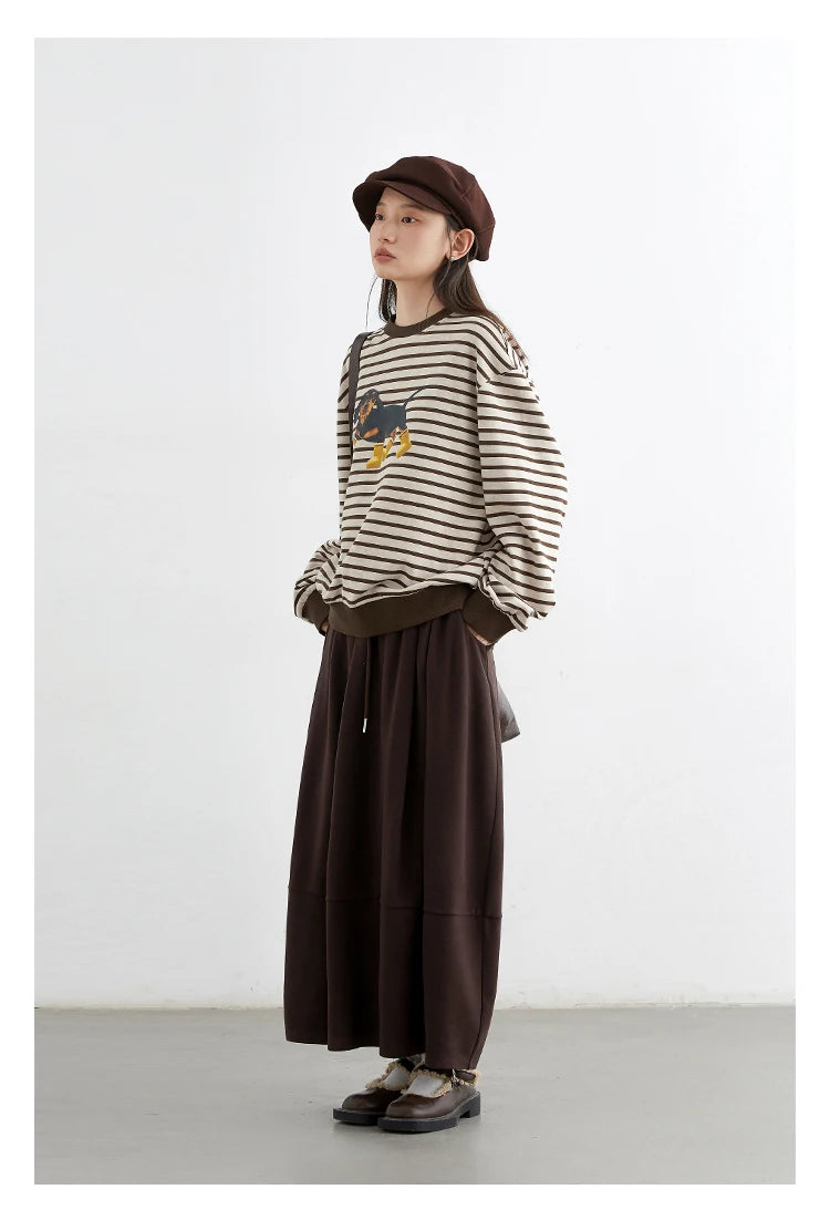 CHIC VEN New Women T-Shirts Loose Casual Round Neck Striped Dog Print Long Sleeved Female Tees Pullover Autumn Winter 2025