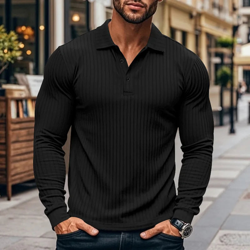 Cross-border autumn men's classic casual American lapel button-up long-sleeved T-shirt elastic pit strip polo shirt
