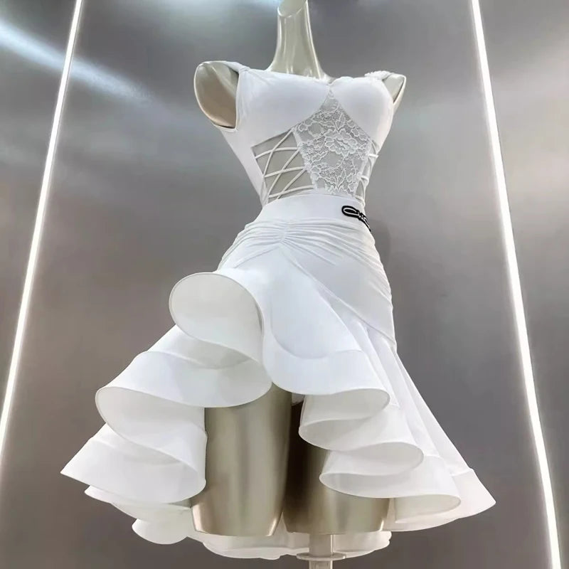 Women Latin Dance Dress Outfits Lace Bra Jumpsuits Tops Ruffled Skirt Adult Female Dance Competition Stage Performance Costumes