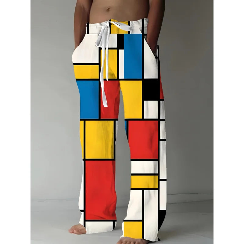 Mens Drawstring Trousers Relaxed Comfortable Geometric Patterned 3D Print Loose Fit Pants Elastic Waist Casual Summer Daily Wear