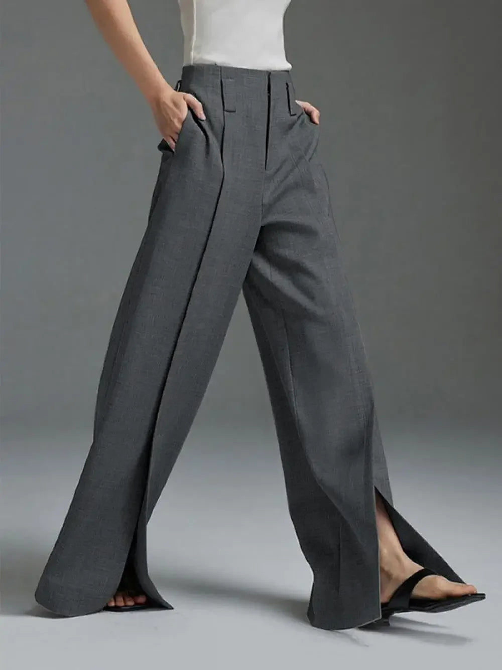 Yeezzi Women Business Suit Pants High Waist Pleated Split Front Trousers Black