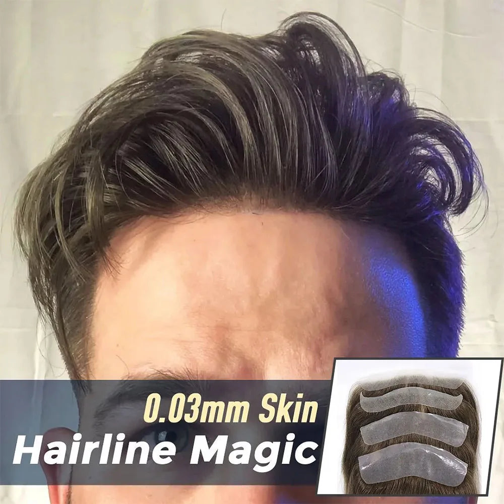 Mens Toupee V Loop Straight Frontal Hairline 100% Human Hair Forehead Toupee for Men Brown Natural Hairline Capillary Prosthesis