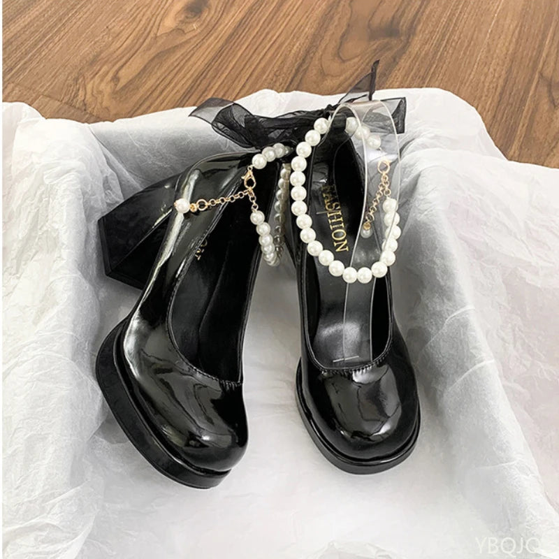 Ladies' elegant high heels Chunky Platform High Heels Women Leather Ankle Buckle Mary Jane Shoes Woman Pearl Pumps Zapatos Mujer