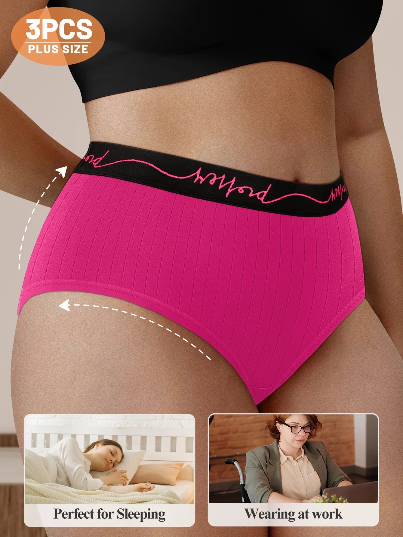 3pcs MIOTAN Plus Size Women's Mid-Rise Panties, Soft Breathable Polyester Blend with Elastane, Elegant Vertical Stripe and Lette