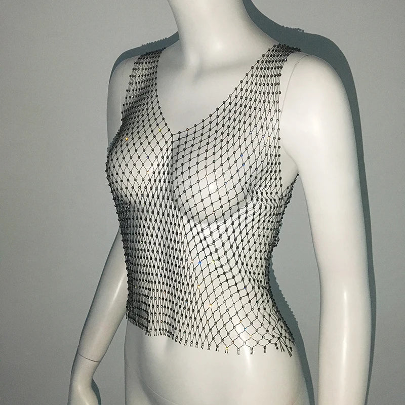 Sexy Shiny Rhinestone Fishnet Women Y2K Tank Tops See Through Crop Top Summer Beach Cover Up Tops Party Nightclub Women Clothing