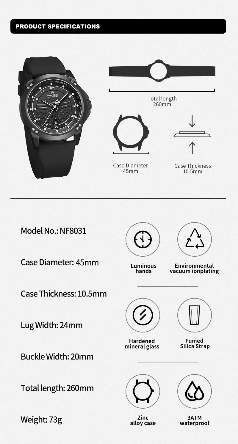 NAVIFORCE Trend Quartz Wristwatch Fashion Waterproof Men's Watches Sport Silicone Strap Male Luminous Clock Relogio Masculino