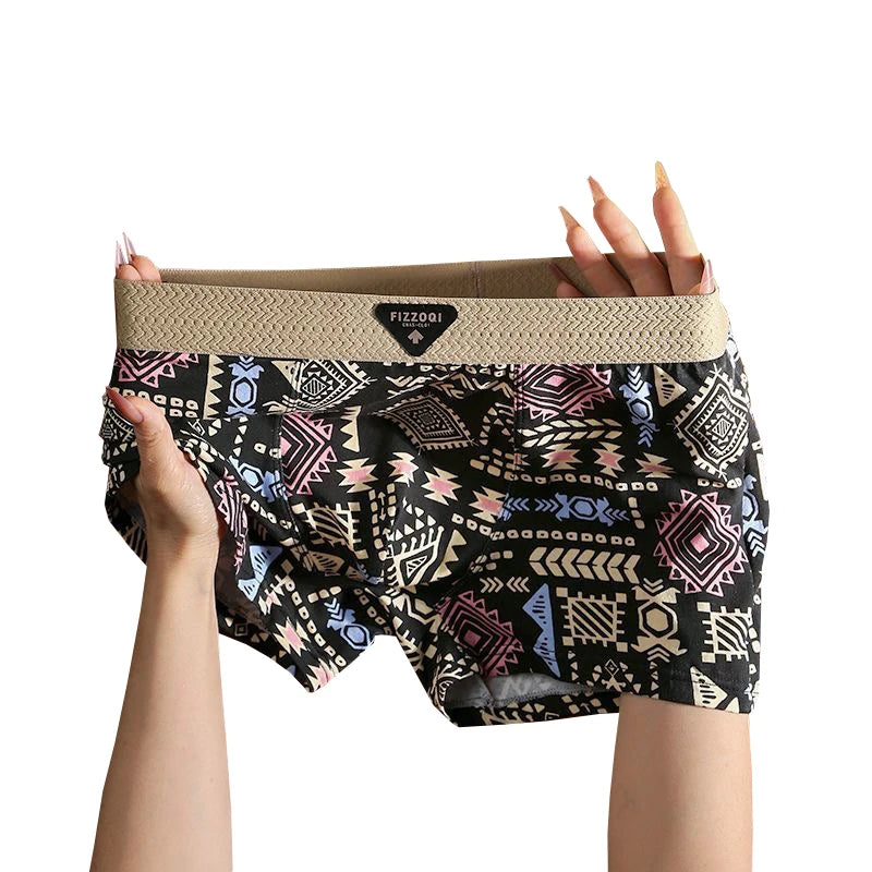 3PCS Retro Style Men's Underwear with Personalized Printed Men Boxer Shorts Breathable Trendy Style Men's Flat Corner Underwears