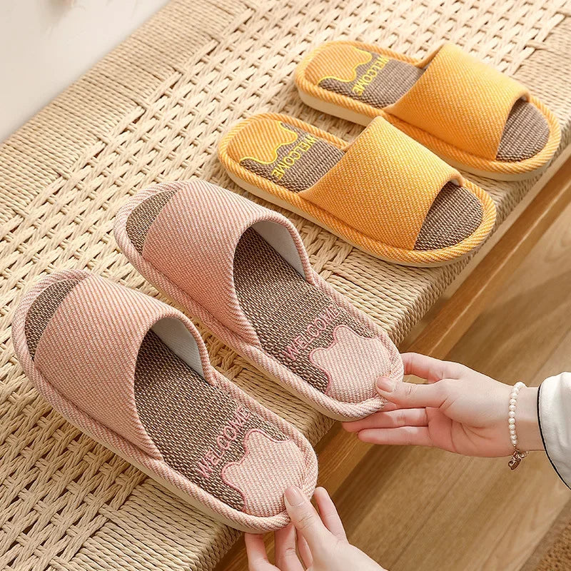 Couples Home Linen Slippers Women Indoor Soft Comfortable Bedroom Slides Men Leisure Non Slip House Shoes Platform Cotton Flats
