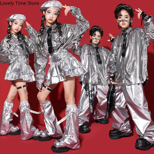 Hip Hop Boys Silver Shirt Street Dance Joggers Pants Girls K-pop Tiered Skirts Clothes Set Kids Jazz Costume Children Streetwear