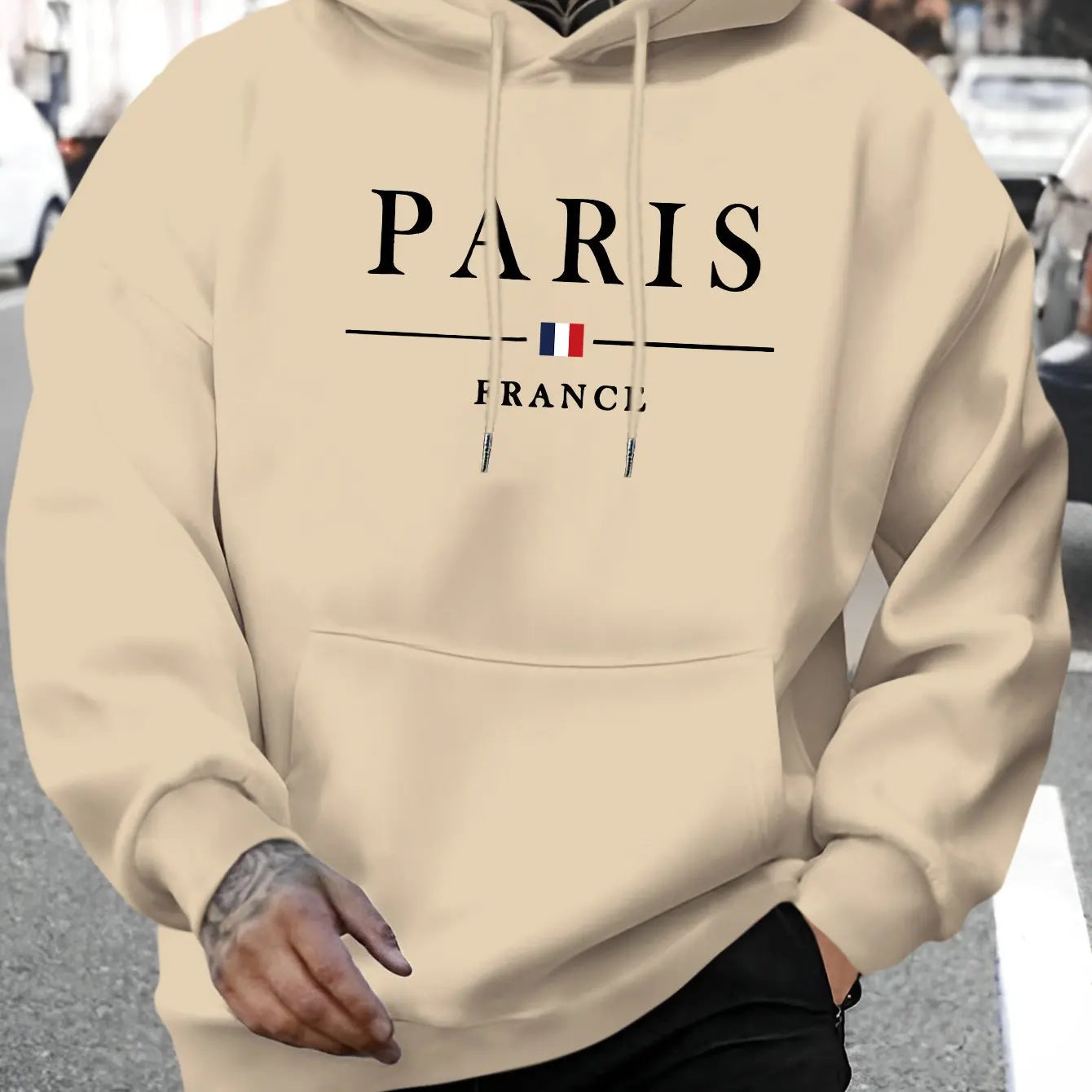 Men's autumn and winter casual fashion loose Paris letter pattern printed long sleeved hooded sweatshirt warm pullover BAZAARHUBO